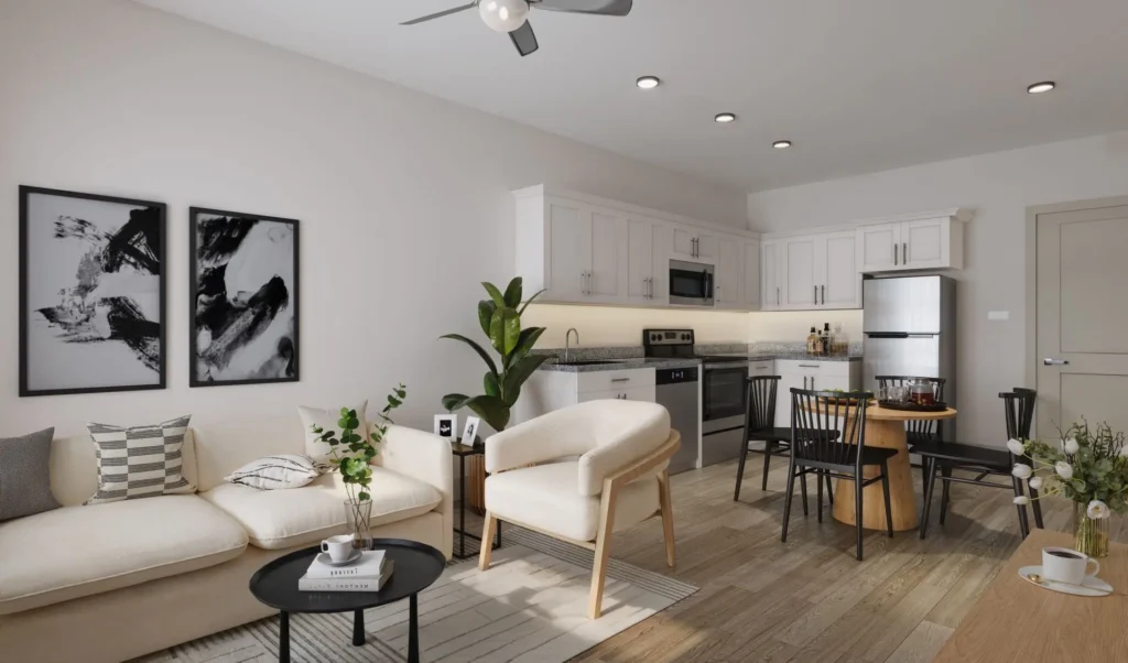 Staged living area and kitchen with couchs, chairs, kitchen table,