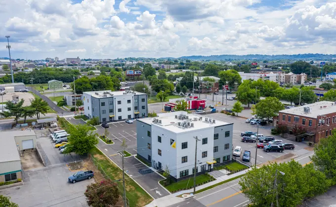 Foundry flats drone shot with chattanooga skyline and mountains in the back