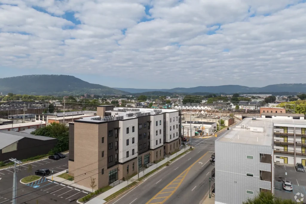 exterior view with chattanooga city skyline and mountains in the background