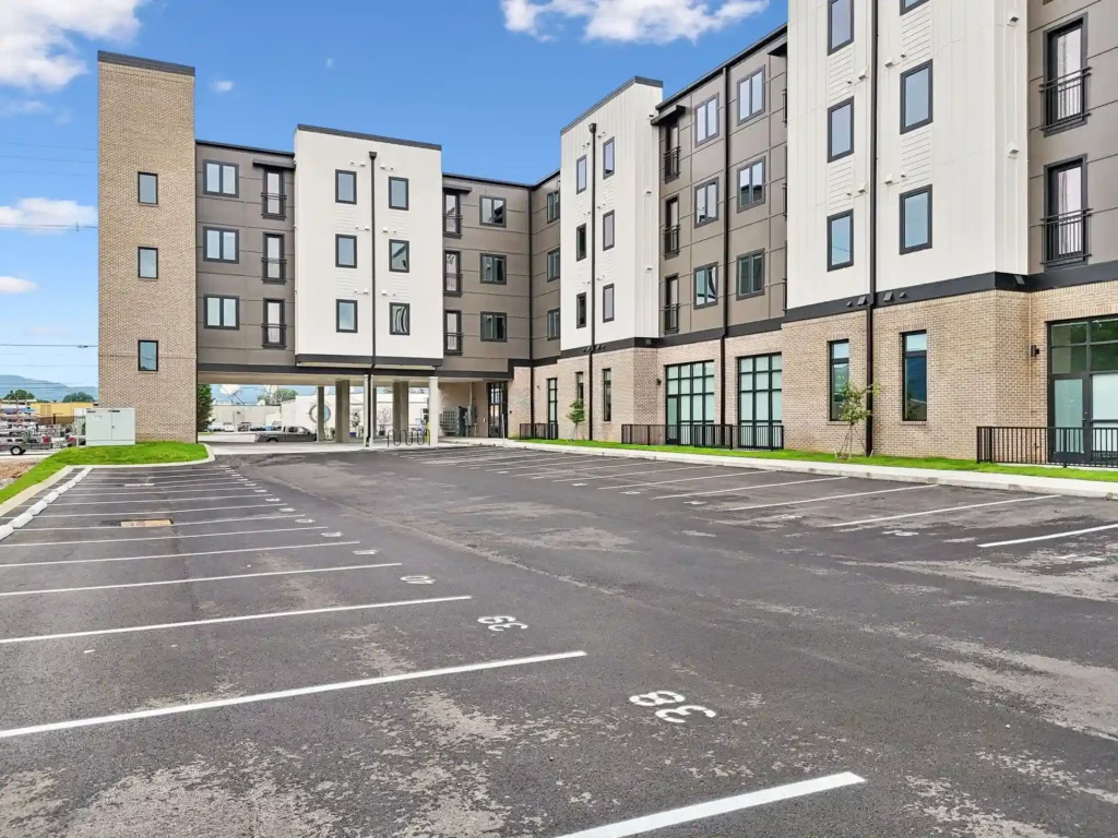 exterior of urban lofts with parking spots