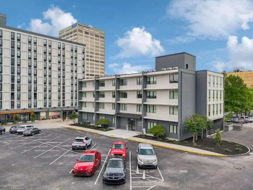 West 6th Apartments building exterior with parking in downtown Chattanooga