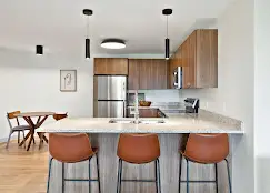 west 6th kitchen interior with bar stools